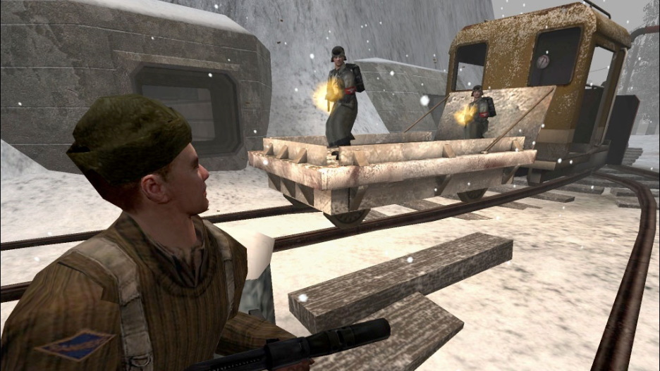 Axis soldiers forcing their way riding a train tug