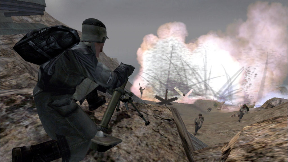 Allies soldier in a beach landing, taking mortar fire
