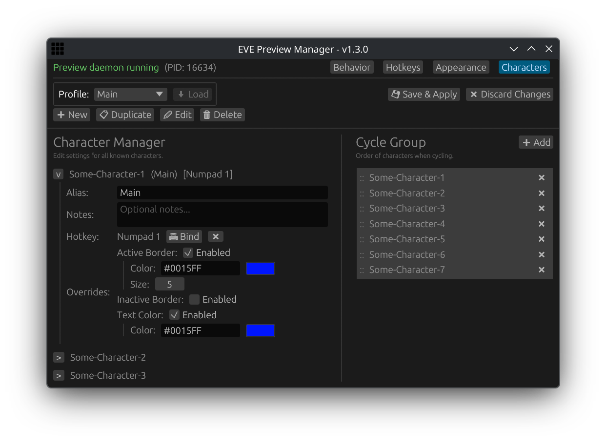 Character settings