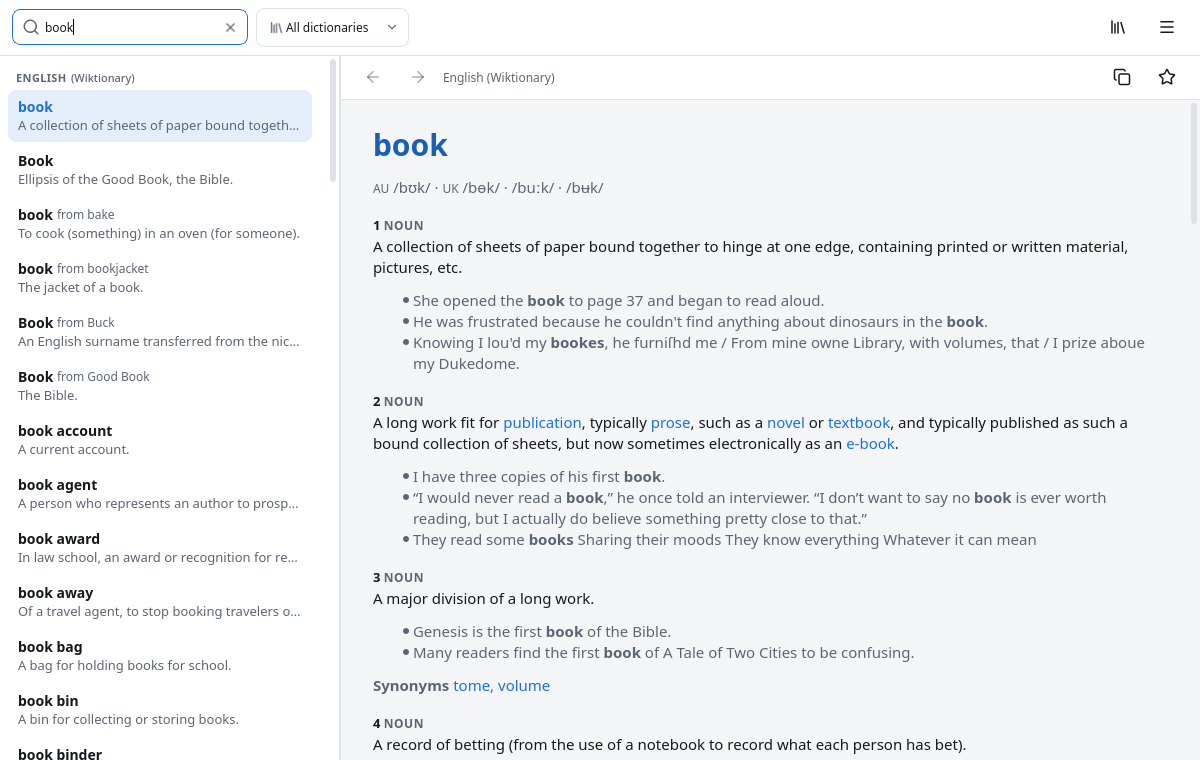 Look a word up: results as you type, grouped by dictionary