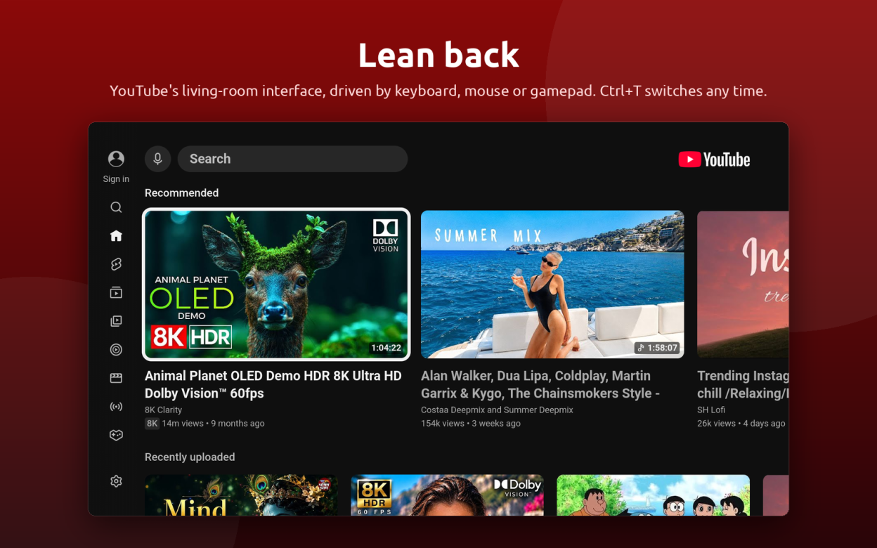 TV mode: the smart TV YouTube interface on your PC, with keyboard or gamepad
