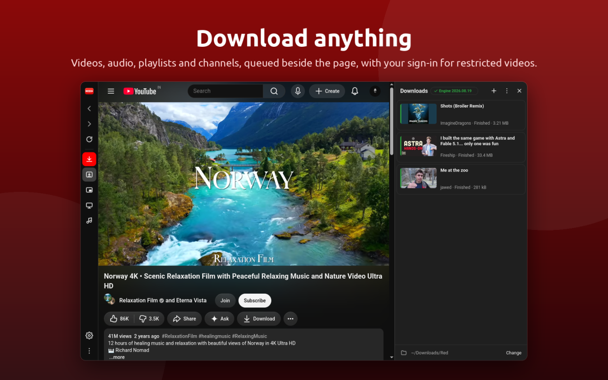 YouTube downloader: the download queue beside the page