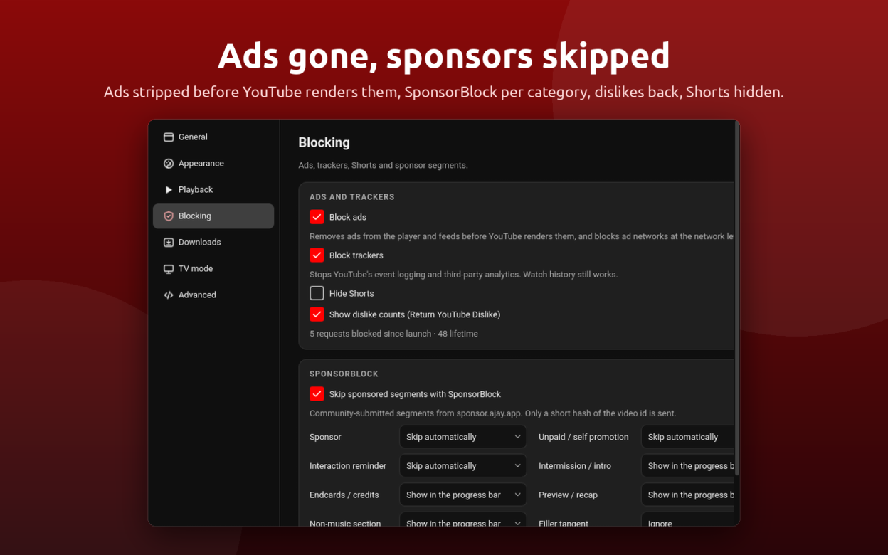 Ad blocker, tracker blocking, SponsorBlock categories, dislikes and Shorts