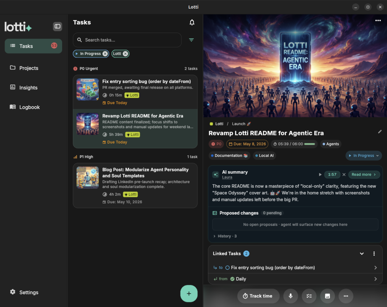 A task with its cover art, status, labels, and the assistant's summary