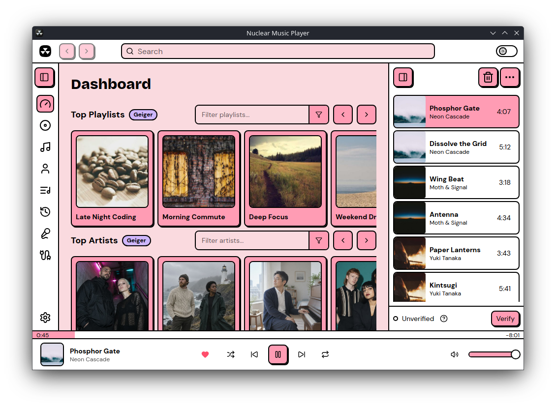Browse top playlists and artists while your queue plays
