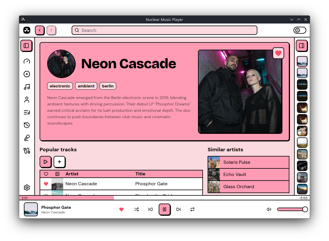 Read about an artist and play their popular tracks