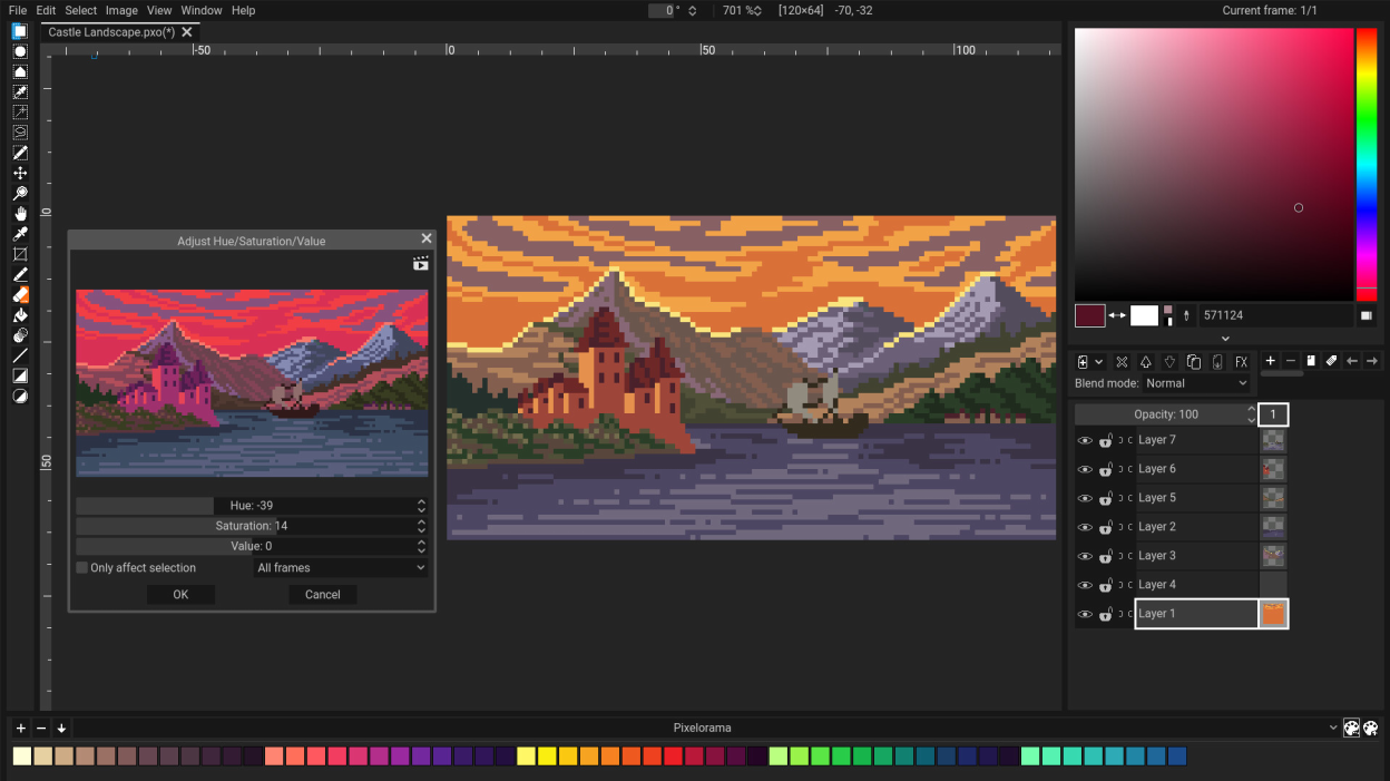 A screenshot of Pixelorama's User Interface