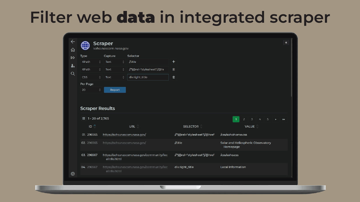 InterroBot performing web scraping using the Scraper core report.