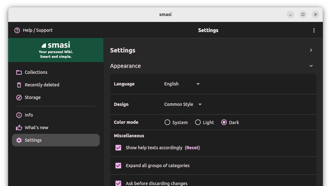 Settings in Dark Mode
