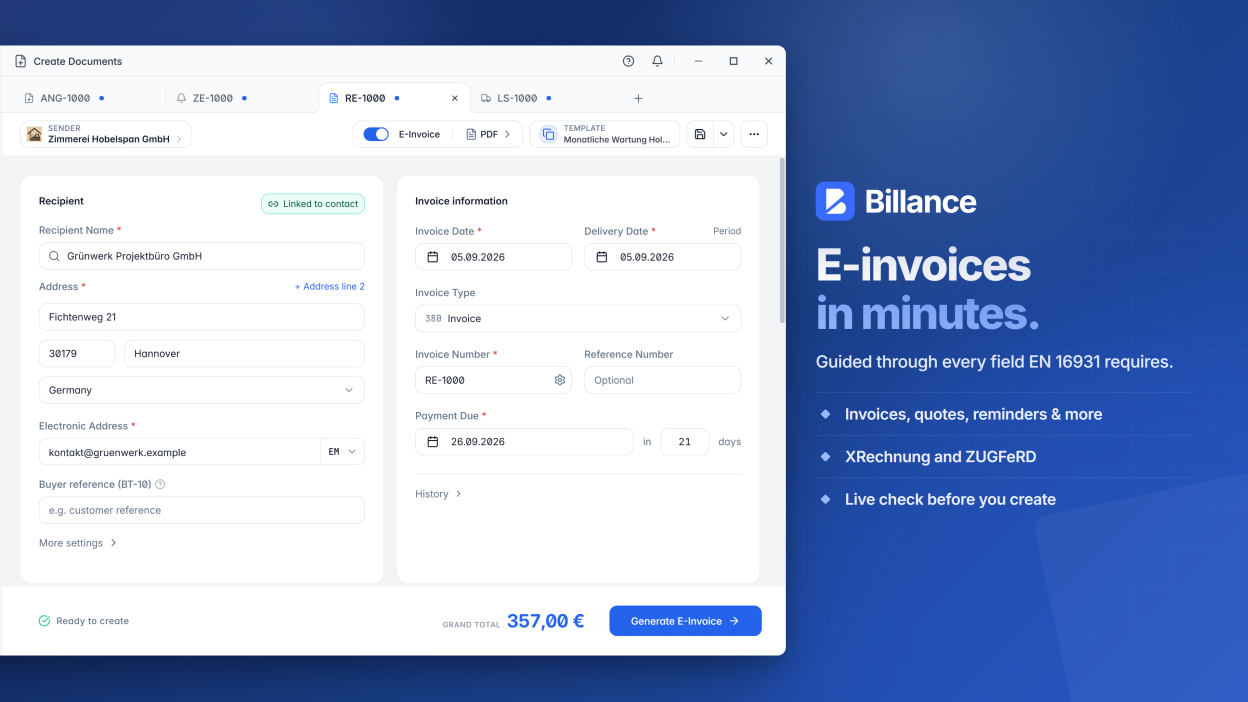 Create compliant e-invoices in a guided editor with reusable master data and templates