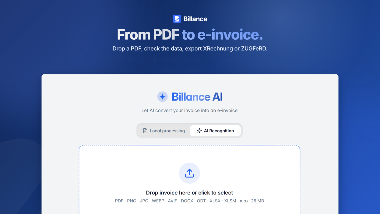 Convert existing PDF, image, and Office invoices into compliant e-invoices with Billance AI