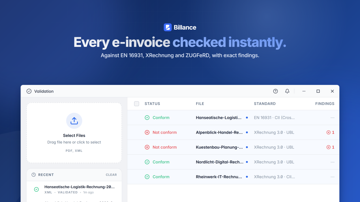 Validate incoming and outgoing invoices for syntax errors and legal compliance