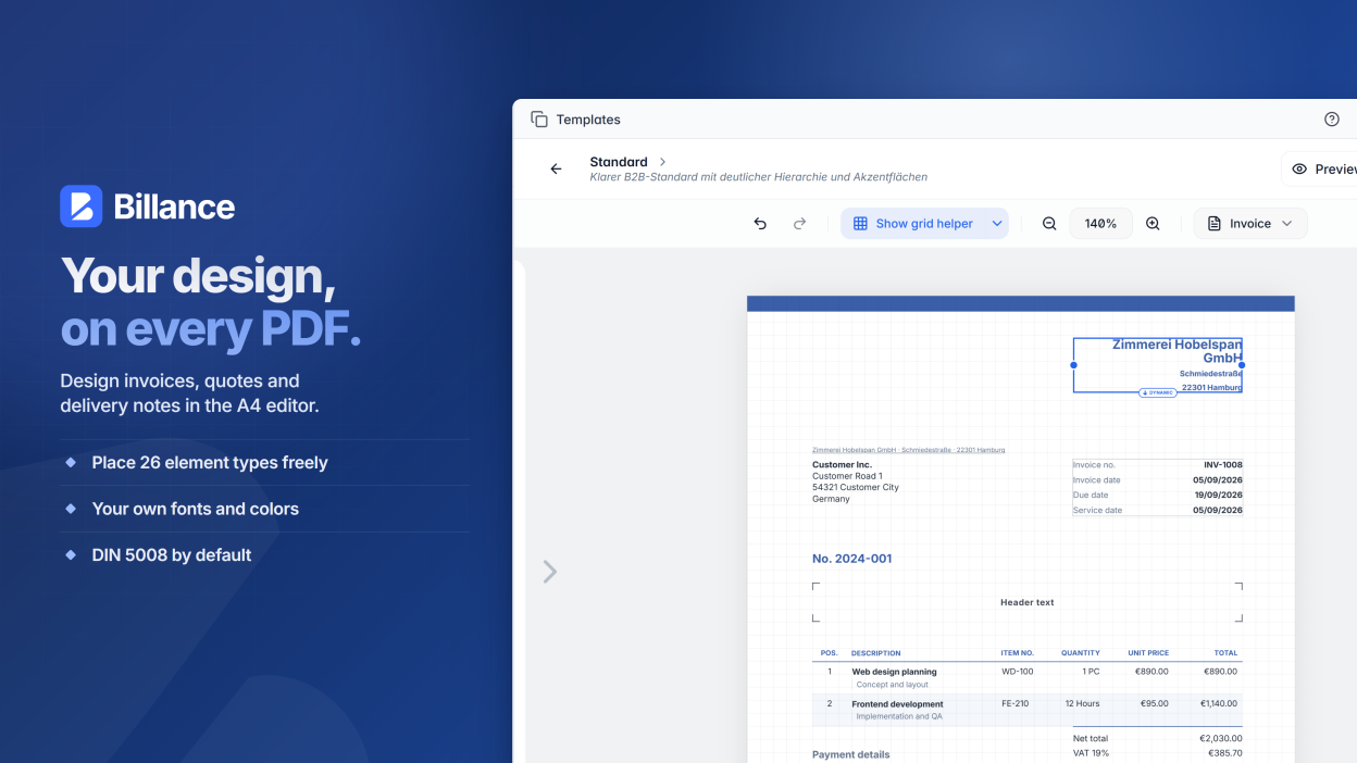 Customize invoice layouts with modern templates in the design editor