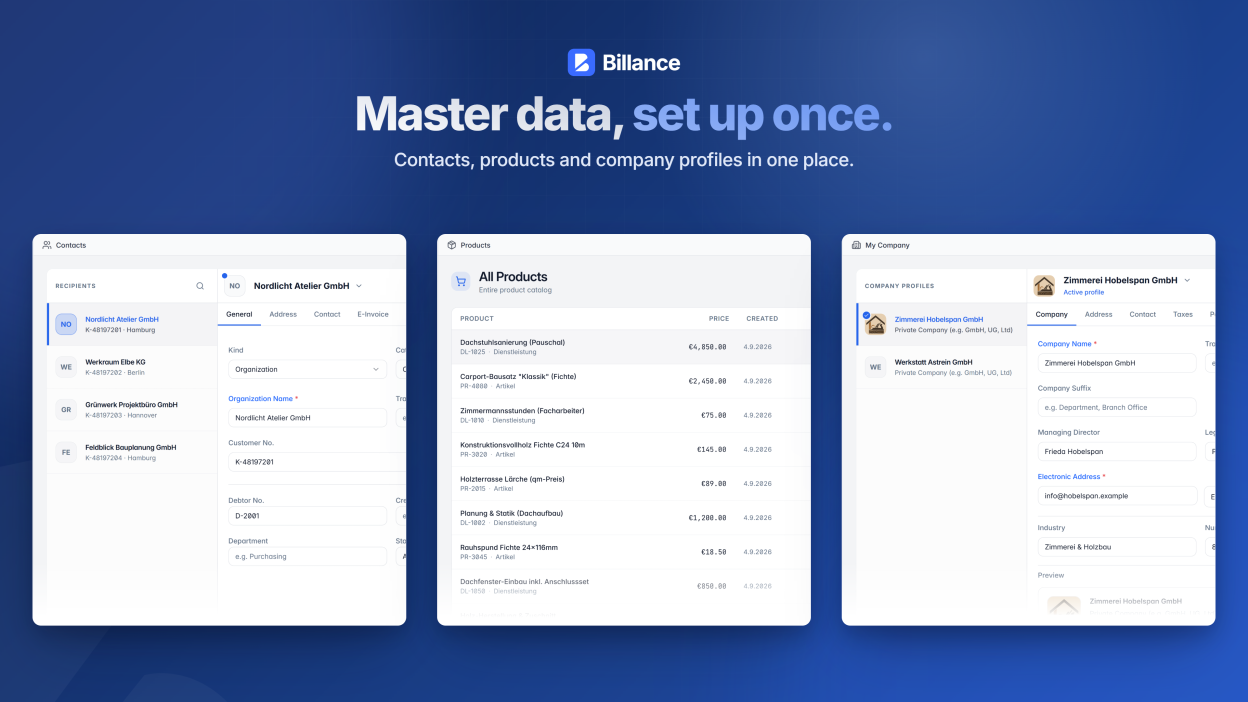 Maintain customers, suppliers, products, tax rules, payment methods, and company profiles