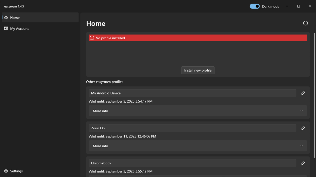 easyroam desktop home screen