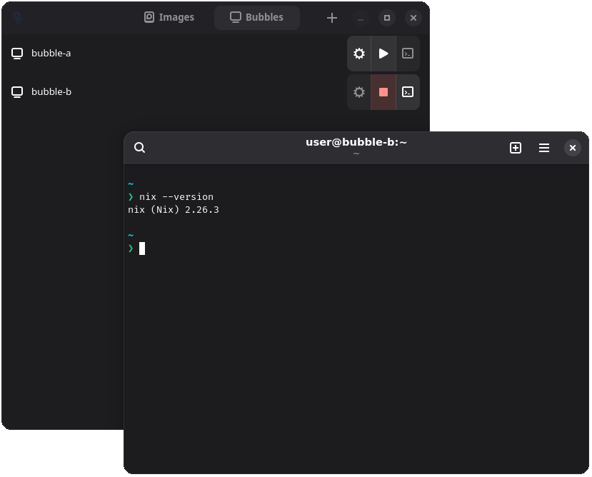 Running bubble, with executed default terminal emulator (Gnome Console)