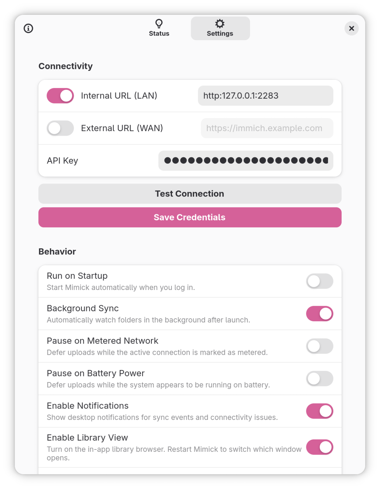 Settings - Connectivity configuration