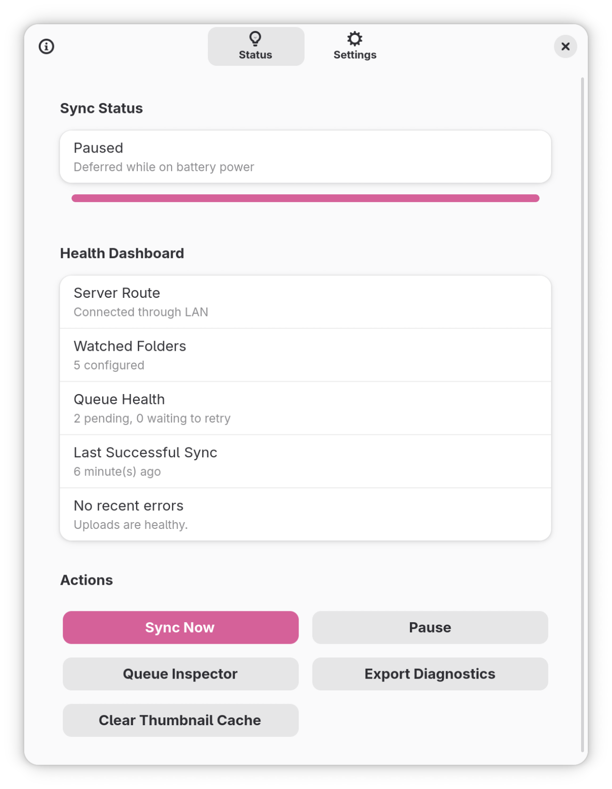 Status page with sync health dashboard