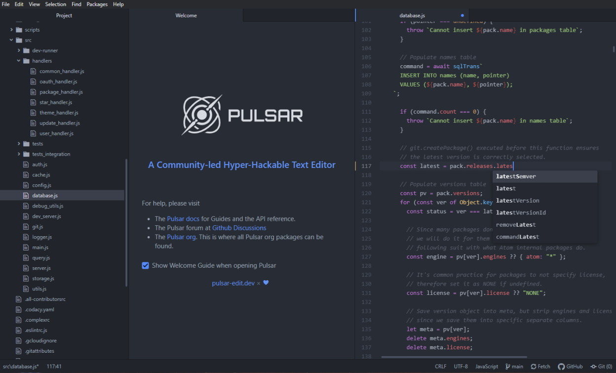 Pulsar welcome window with an open project