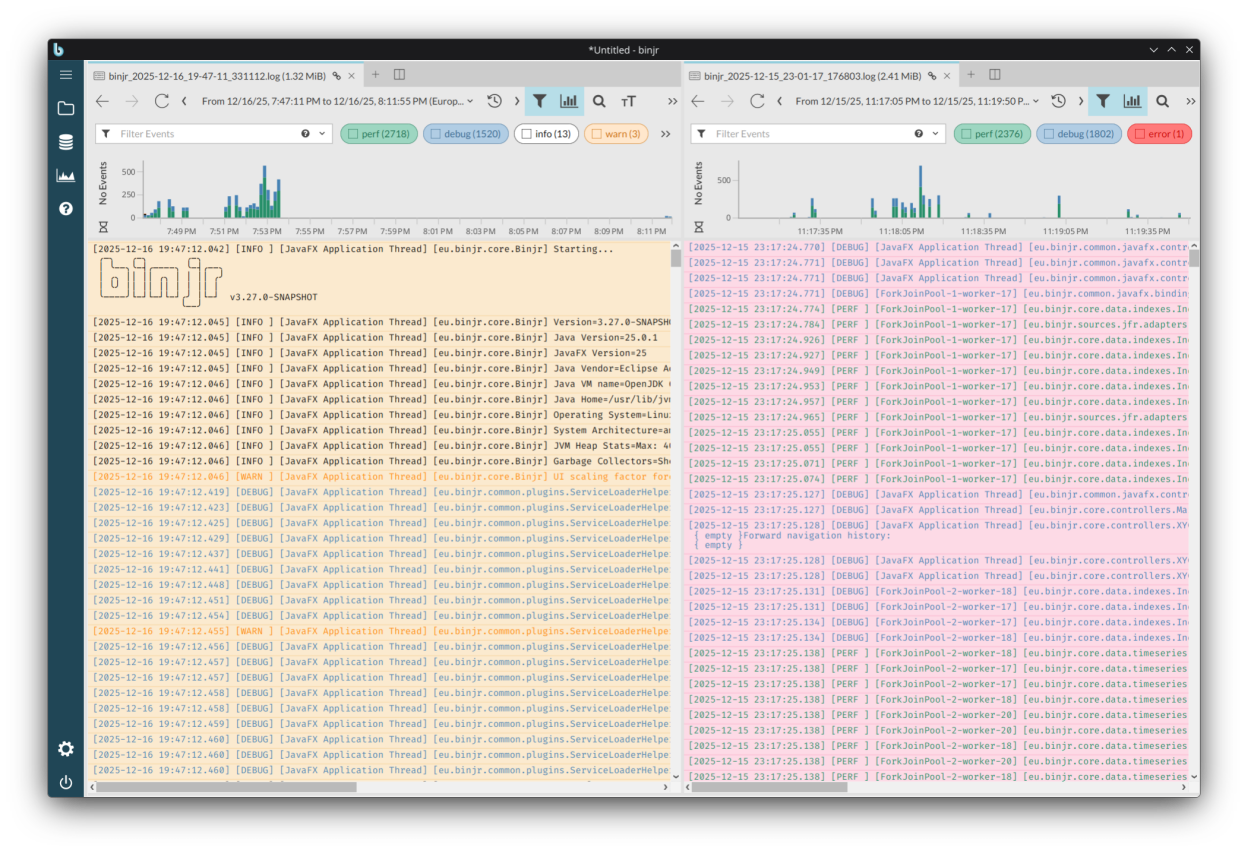 A screenshot of binjr used to browse time series data from application log files