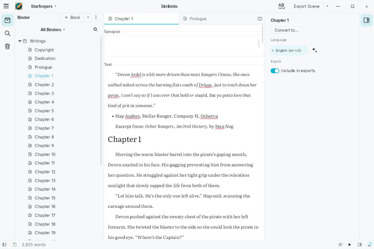 The binder and the editor, with prose and its synopsis side by side