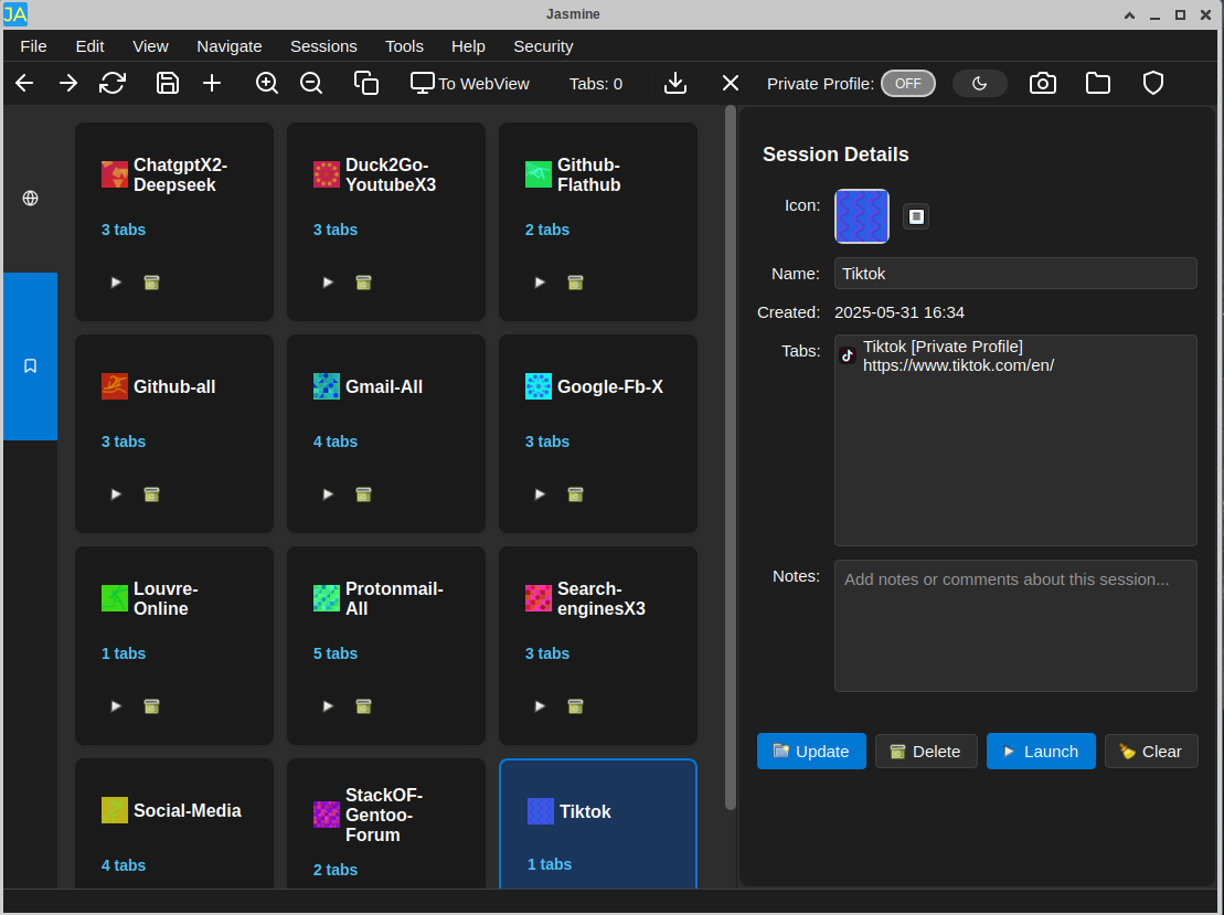 Sessions view with dark theme for comfortable night usage