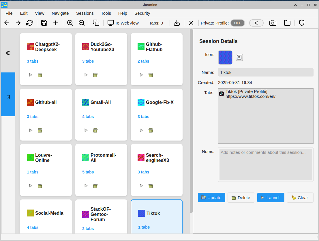 Sessions view for managing and organizing browsing sessions