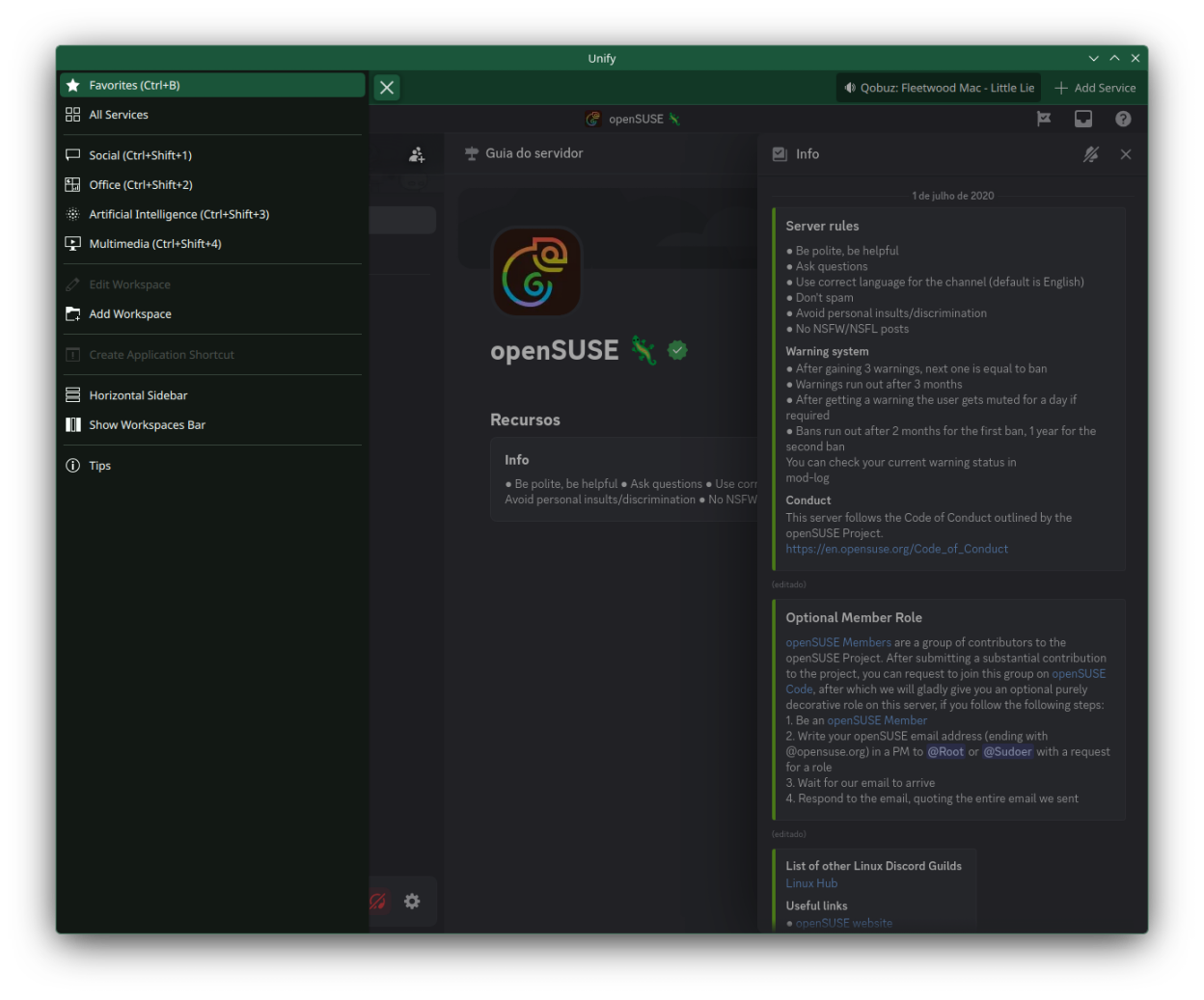 Workspace drawer menu showing organized service categories (Favorites, Social, Office, Multimedia)
