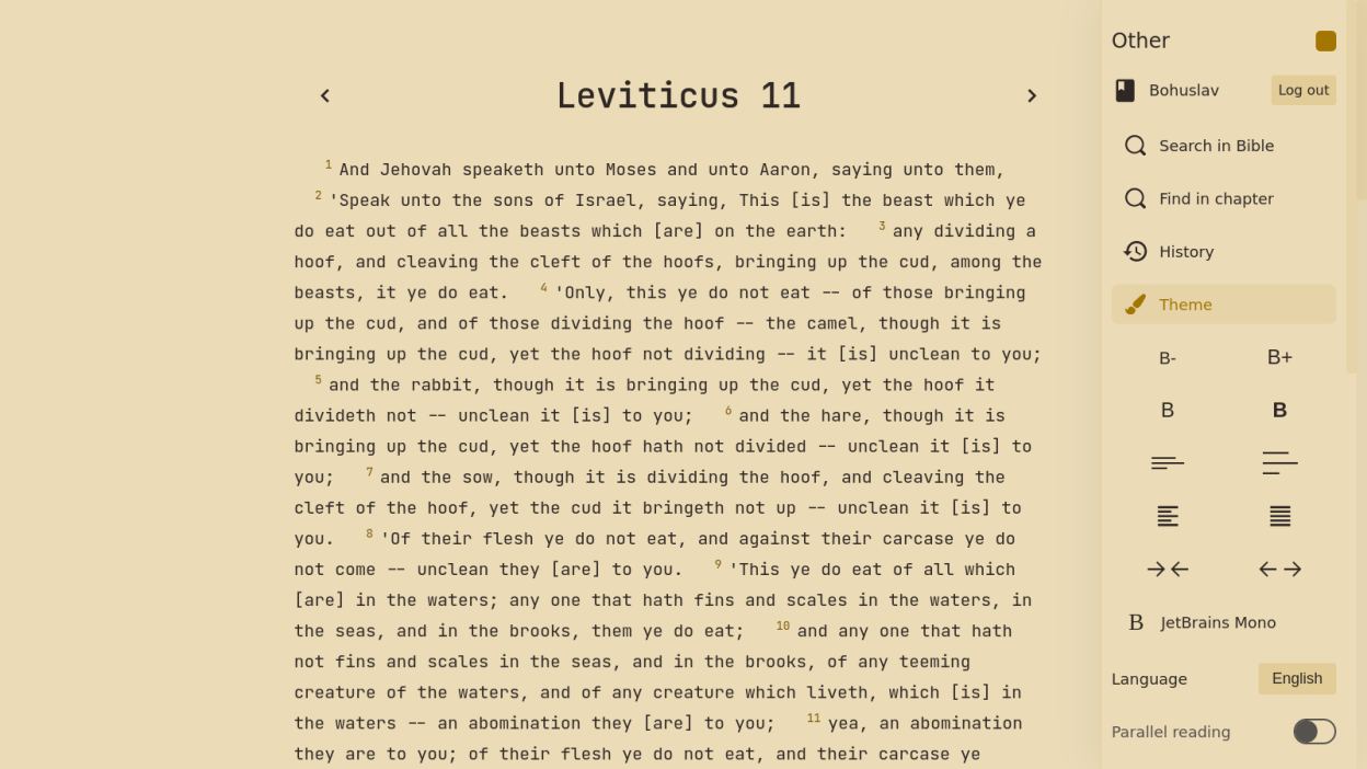 Sepia theme with settings menu