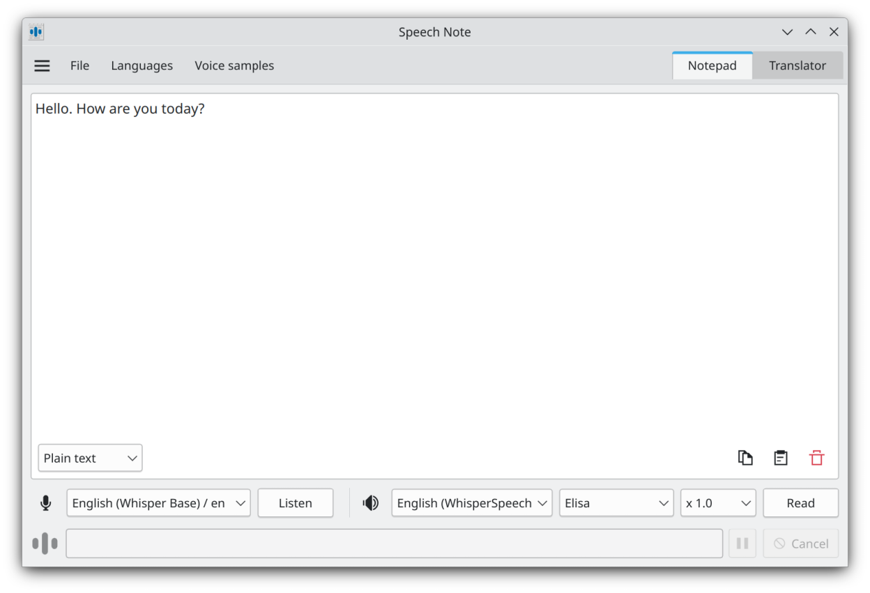 Speech Note main window
