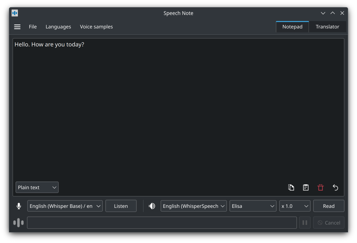 Speech Note main window (dark theme)