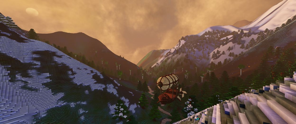 Airship flying over a valley