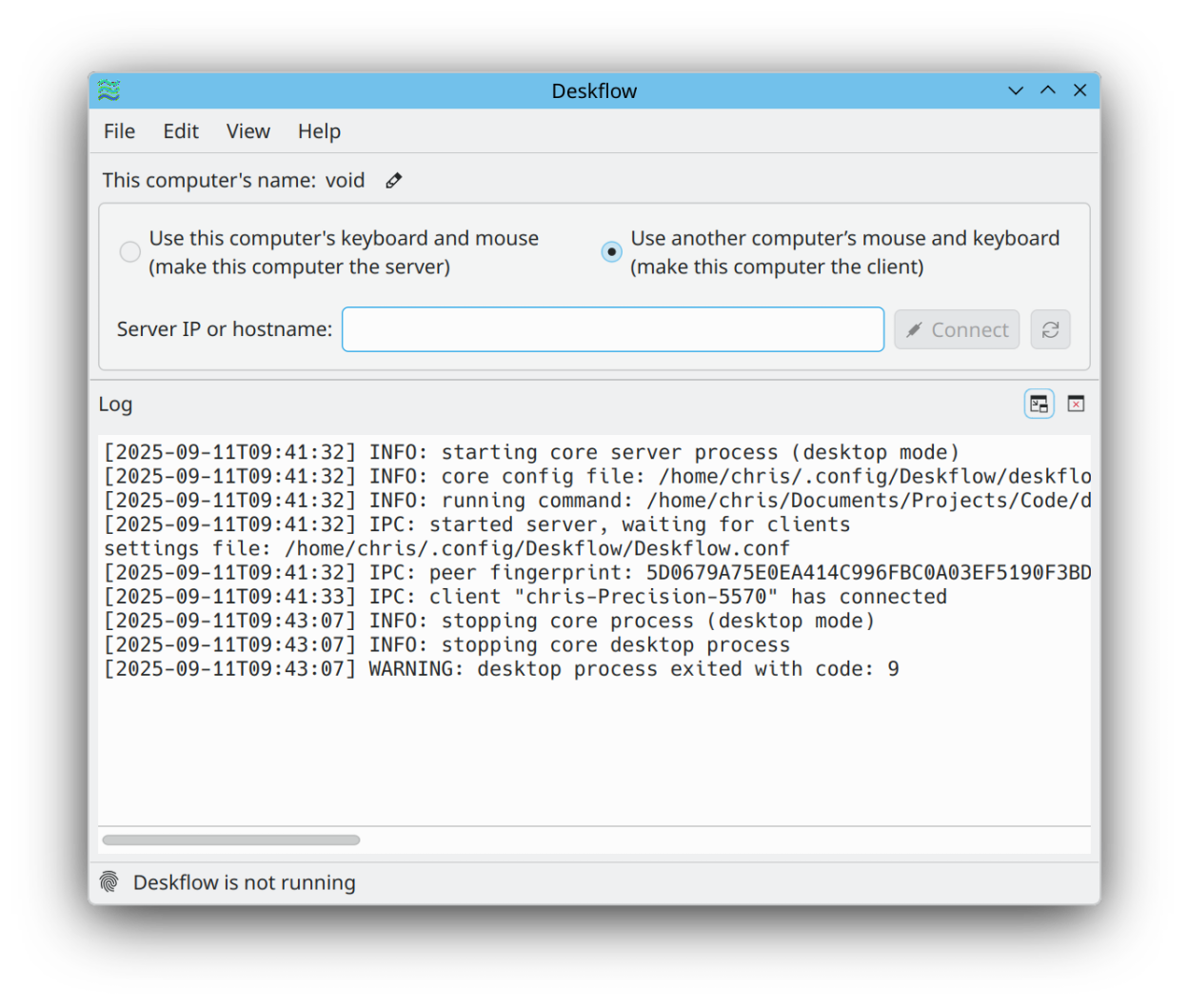 Deskflow with the log visible on KDE