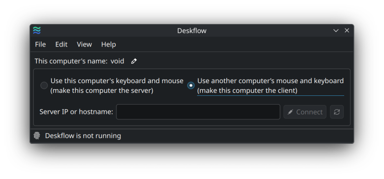Deskflow in client mode on KDE (dark mode)