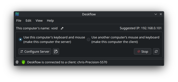 Deskflow in server mode on KDE (dark mode)
