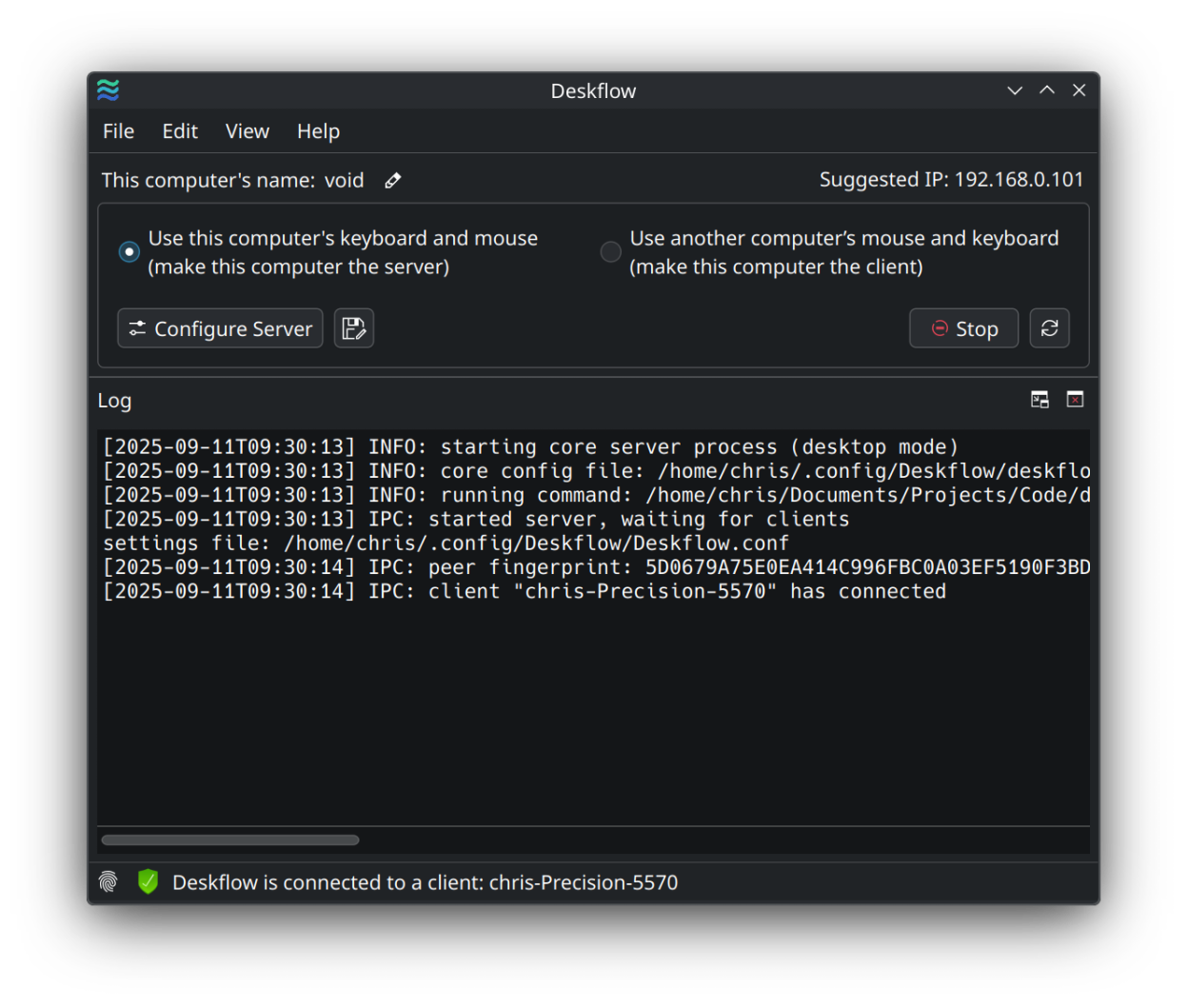 Deskflow with the log visible on KDE (dark mode)