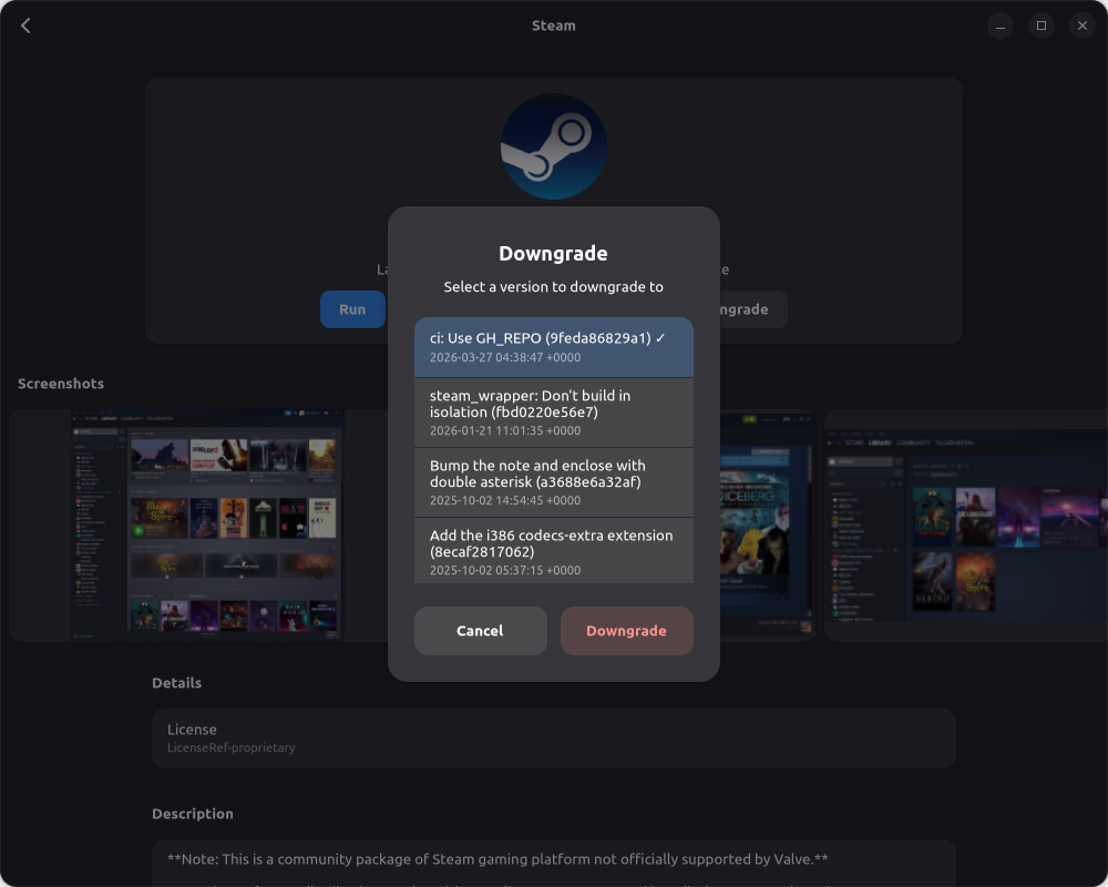 Application version downgrade