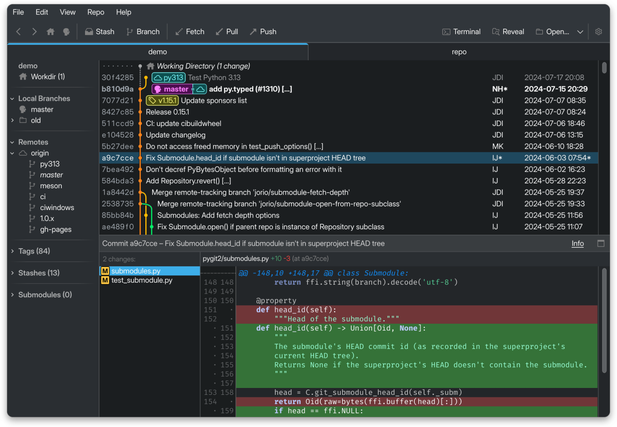 Exploring a repository in GitFourchette (dark mode).