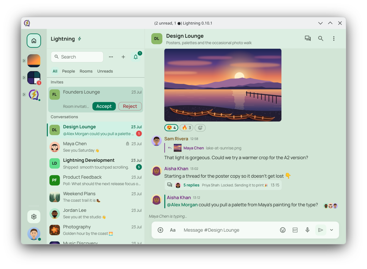 A room conversation with a shared picture, replies, reactions and a thread