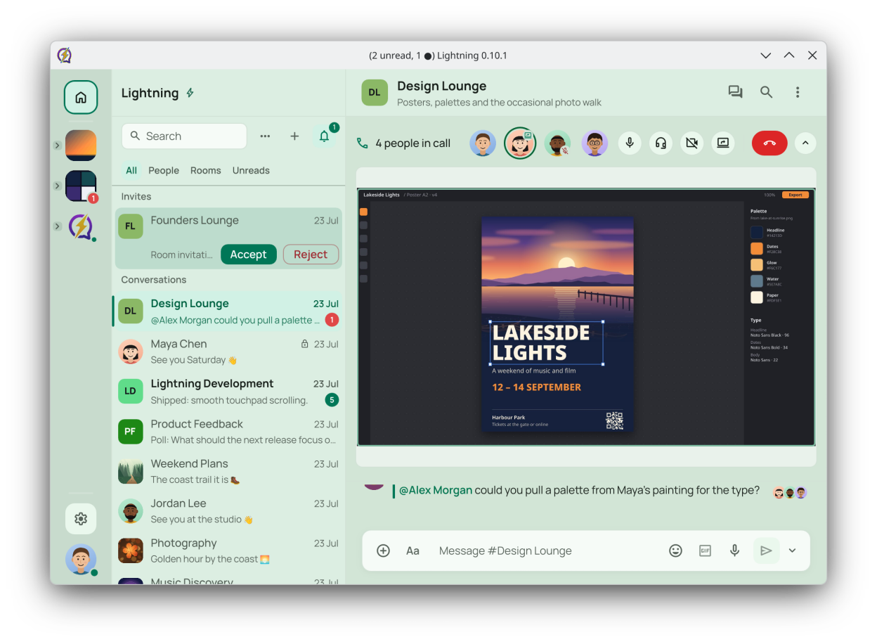 A group call in a room with a screen share on the stage