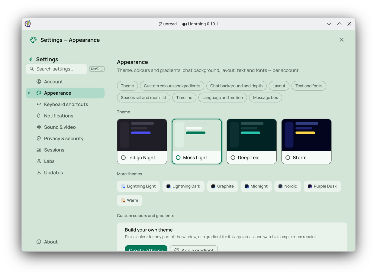 Appearance settings with themes that follow the system light or dark style
