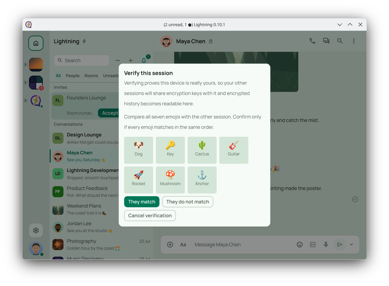Verifying a new session by comparing emoji