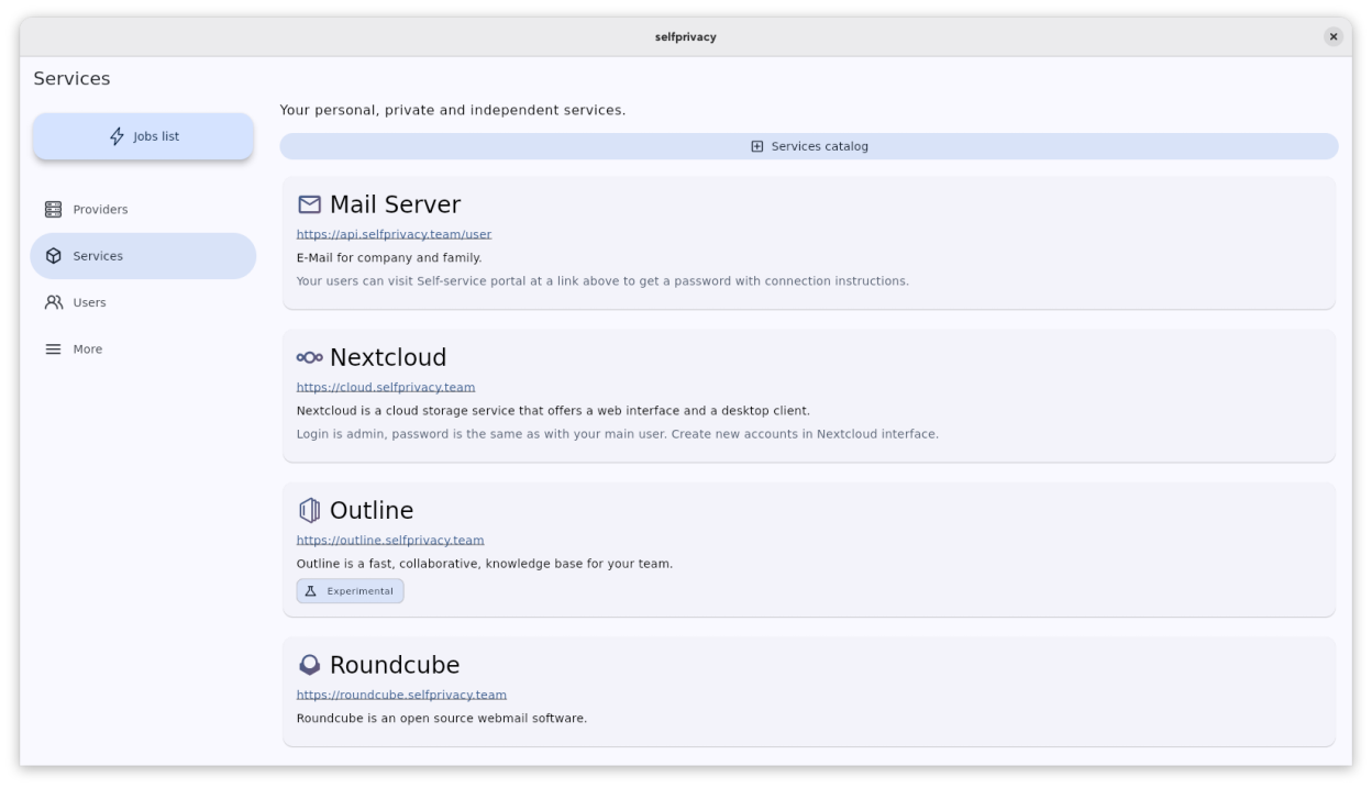 Services screen to configure individual installed services
