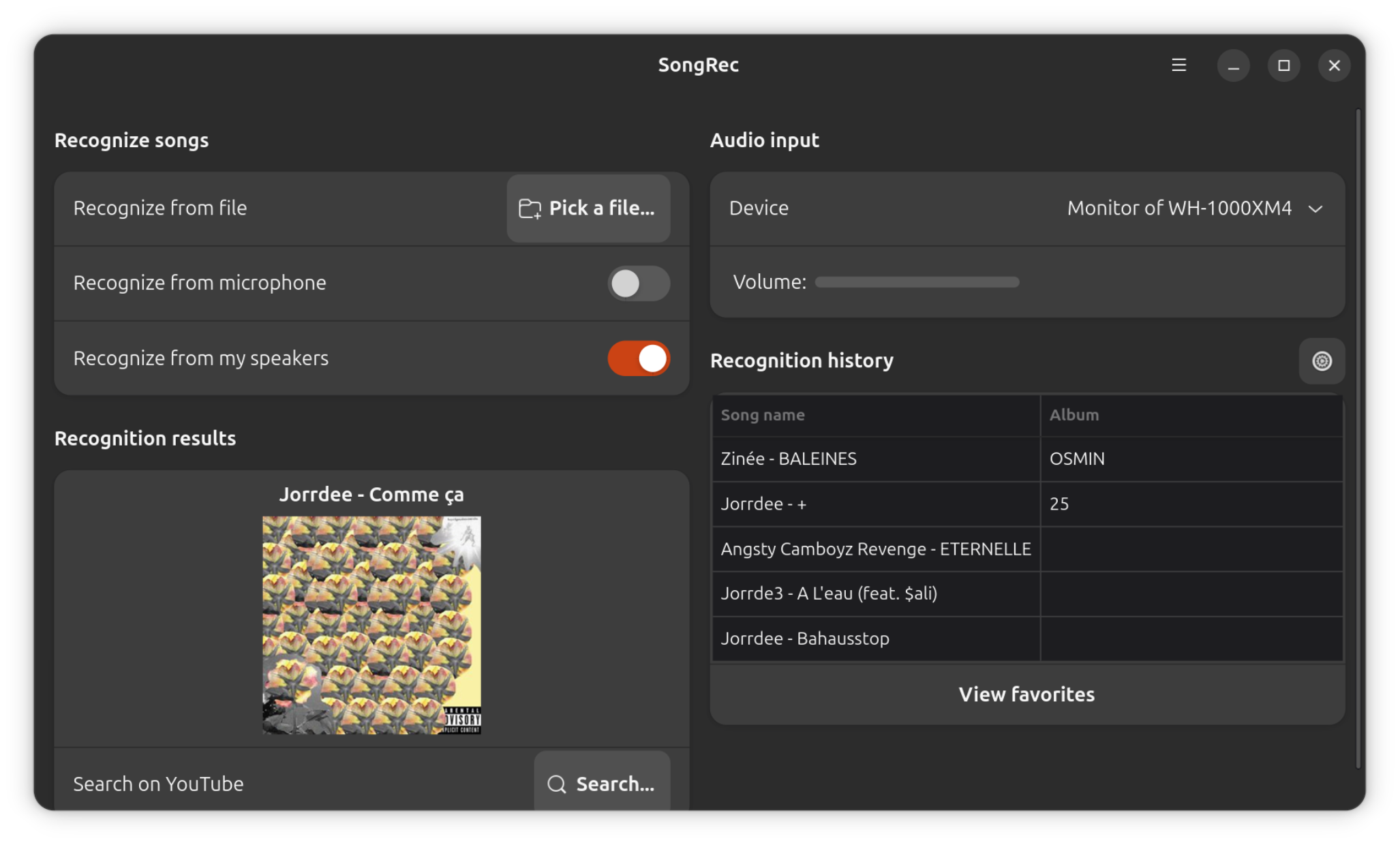 SongRec's main window, on GNOME in dark mode