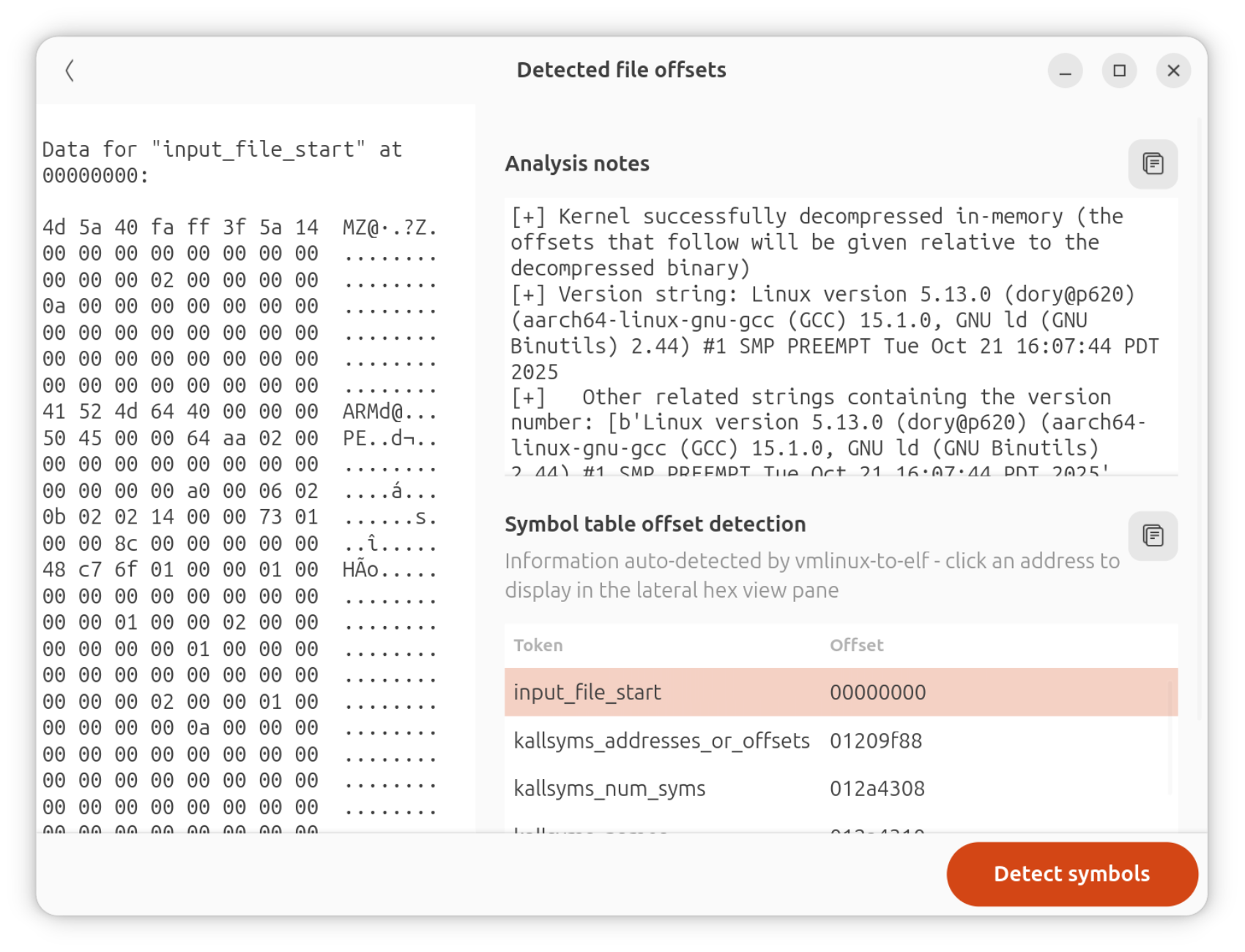 vmlinux-to-elf: detected offsets preview screen