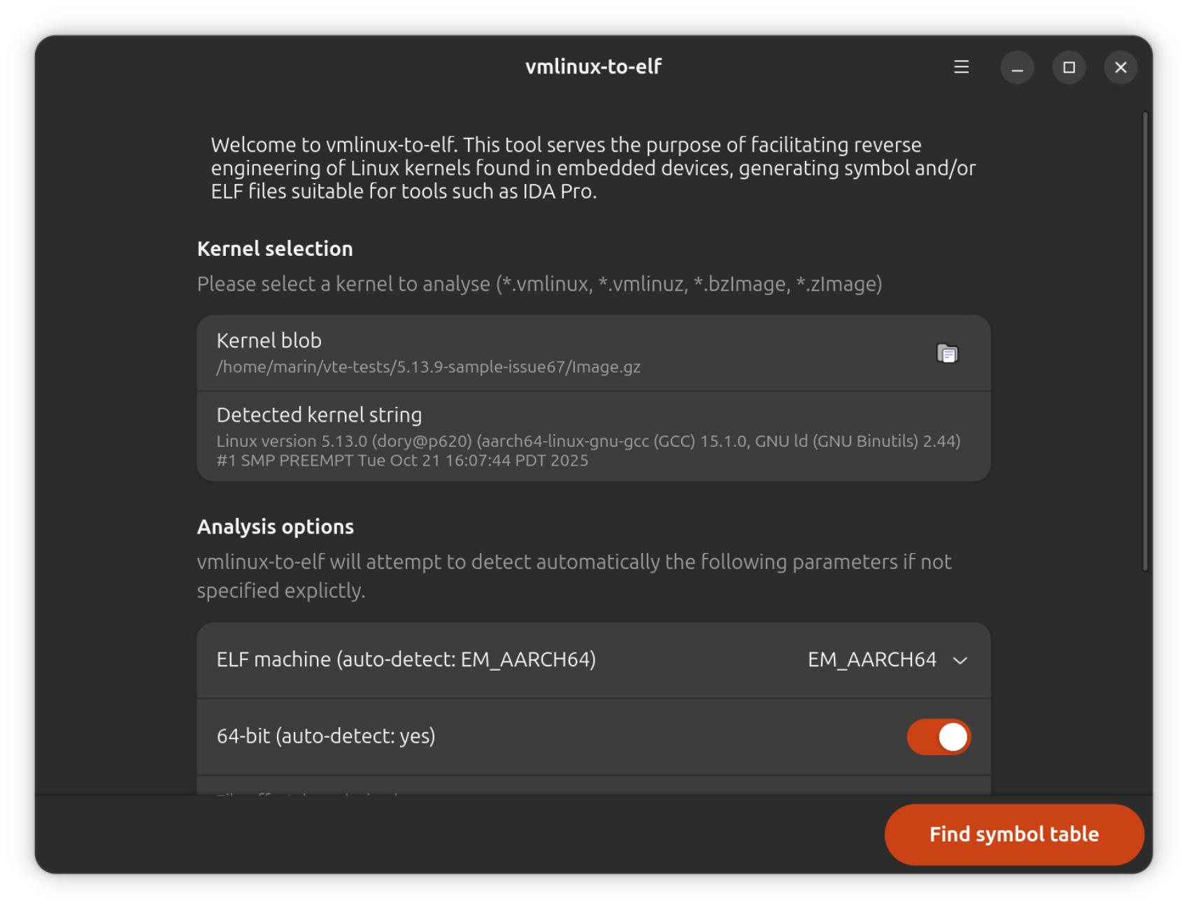vmlinux-to-elf's main window, on GNOME in dark mode