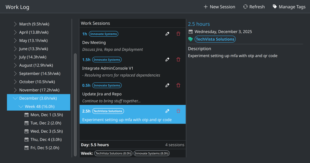Main window showing hierarchical session navigation and session details